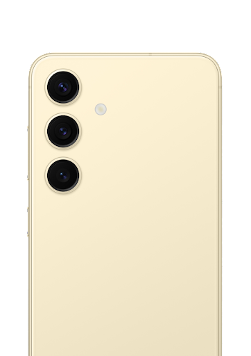 The back of the Samsung Galaxy S24 in Amber yellow sitting on a light yellow background. The cameras are the main feature being shown off. This phone is available for order.