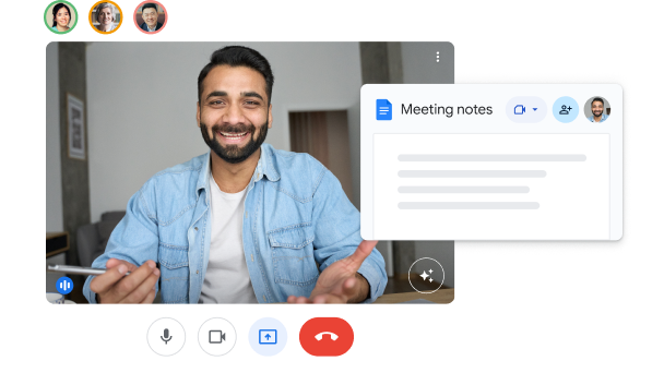 '회의록'이라는 제목의 Google 문서가 표시되고 여러 사용자가 공동작업 중인 Google Meet UI 