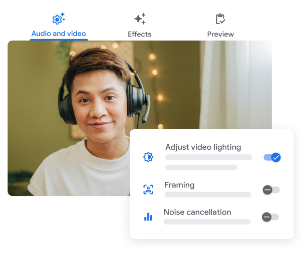 Uživatelské rozhraní Google Meet s funkcemi osvětlení videa, automatického zabírání a potlačení hluku.