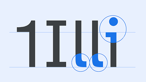 Primer plano de las letras de una fuente accesible de Google con círculos que resaltan partes de las letras.
