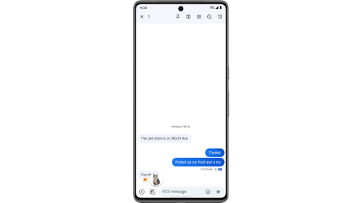 Reacting to a message in Google Messages on an Android phone with a photomoji, that has been created on the spot from an image in the photo gallery.