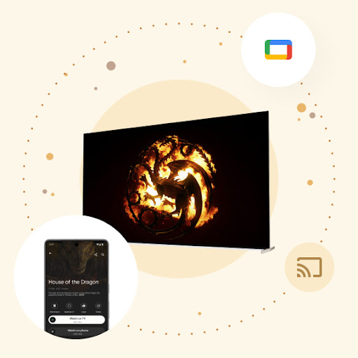 O logotipo de A Casa do Dragão é exibido em um Android TV de tela grande. Ao redor da tela, há um balão com um smartphone Android. No smartphone estão informações sobre como controlar o Android TV, com o botão "Assistir na TV" destacado.