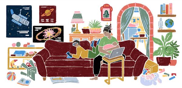Illustration of a mother working from her living room, sitting on a couch with her children nearby.