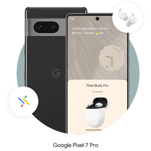 Et par øreplugger i en sirkel over hjørnet øverst til høyre på en Galaxy Pixel 7 Pro-telefon. En logo for Android Rask sammenkobling vises over hjørnet nede til venstre. Telefonen kobles sammen med noen Android-øreplugger. ​​