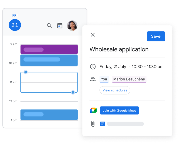 Un'istantanea della UI di Google Calendar mostra un utente che organizza una riunione, invita altri utenti e genera un link di Google Meet.