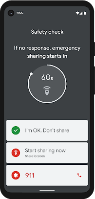ユーザーに安否を確認し、緊急の場合はボタンを押して緊急通報に発信できる画面が表示されたスマートフォン。