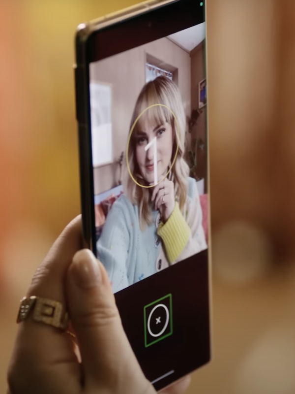La pantalla de un teléfono muestra el selfie de una mujer rubia, con la cuenta regresiva de la app Guided Frame superpuesta
