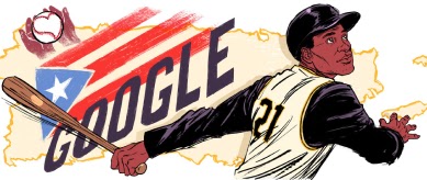 A man in a baseball hat swinging a baseball bat in a Pittsburgh Pirates jersey with Google and the Puerto Rican flag in the background.