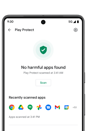 Màn hình điện thoại Android có Google Play Protect đang mở. Một tấm khiên màu xanh lục có biểu tượng dấu kiểm phát sáng cùng thông báo "No harmful apps found" (Không tìm thấy ứng dụng gây hại nào) để cho người dùng biết điện thoại của họ an toàn.