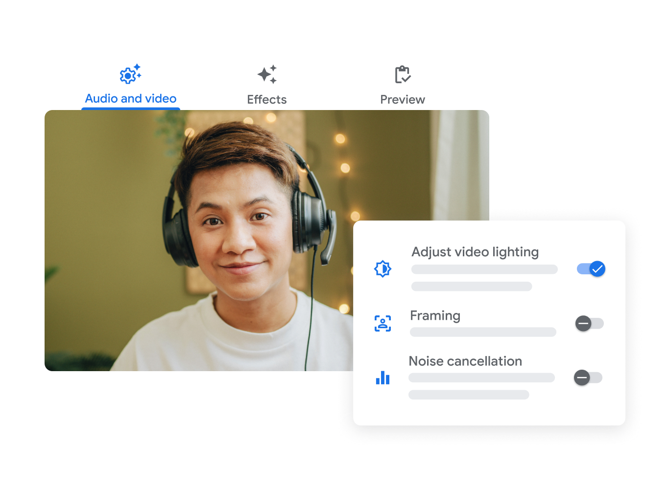 واجهة المستخدم في Google Meet تظهر فيها ميزات تعديل إضاءة الفيديو وضبط الإطار وإلغاء الضوضاء.