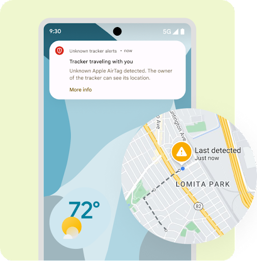 Nahaufnahme des oberen rechten Teils eines Android-Smartphones mit einer Benachrichtigung zu unbekannten Trackern und einer Karte, die die Entfernung zu dem betreffenden Gerät zeigt.