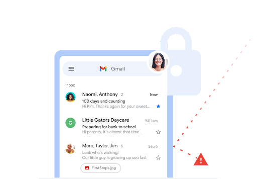 Primær Gmail-indbakke med et separat advarselsikon til websitet