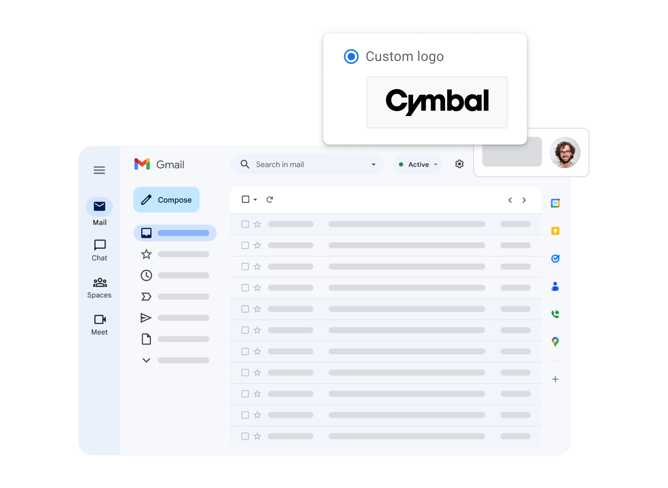 Stylizované zobrazení rozhraní Gmailu se zdůrazněným vlastním logem společnosti uživatele.