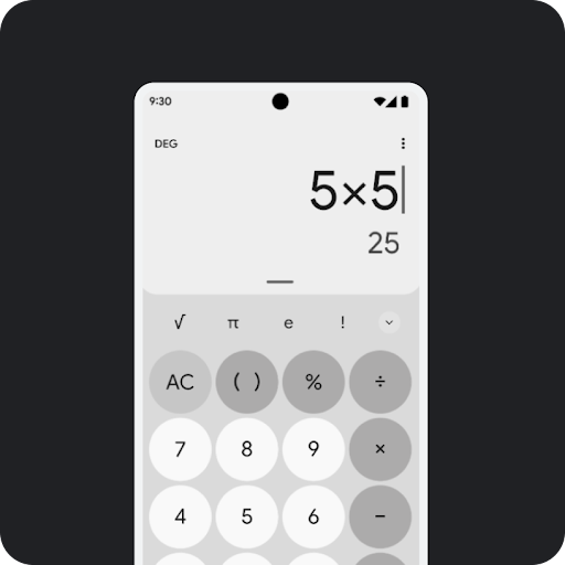 Monochromatyczny ekran Androida z aplikacją kalkulatora.
