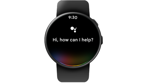 Utilizzo dell'Assistente Google su uno smartwatch Wear OS per avviare una routine dicendo "Hey Google, sto andando al lavoro", con l'orologio che visualizza il meteo, il calendario del giorno e la riproduzione di musica sullo smartphone.