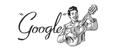 'Google' written in black cursive font with a man with black hair playing guitar and smiling.