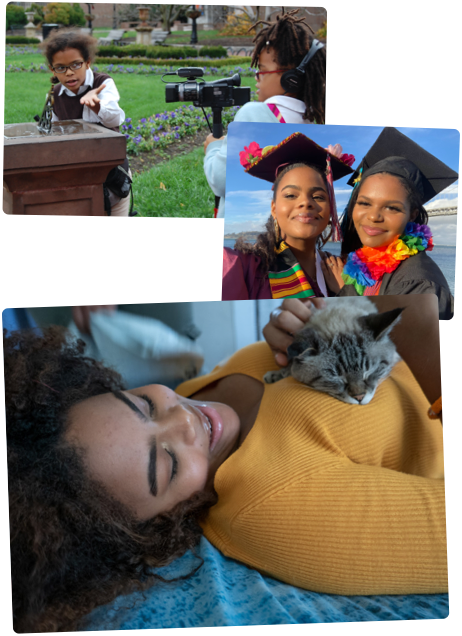 Visual collage featuring Cami growing up. From left to right:  Cami and sister, Mica, as children with ice cream cones, Cami and Mica as children recording each other with a film camera, Cami resting on her bed holding a cat, Cami at the kitchen table, Cami and Mica in graduation caps and gowns.