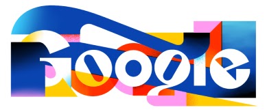 the word 'Google' in white block letters, with yellow, blue, pink, and red shapes surrounding it.