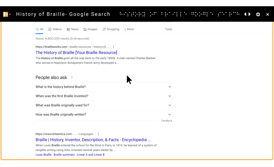 螢幕閱讀器的畫面，顯示翻譯後的點字歷史相關 Google 搜尋結果。