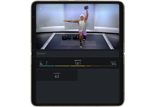 Peloton is shown on an Android foldable phone.