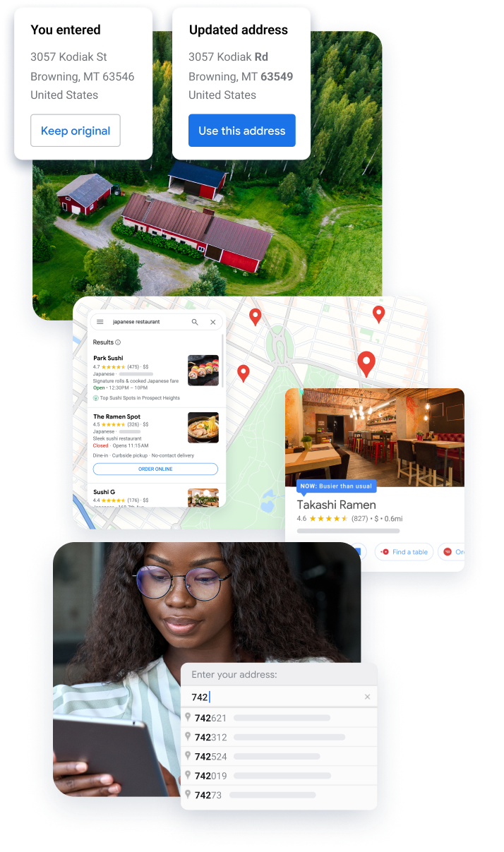 Correzione dell'indirizzo, mappa con ristoranti, Place Details per un ristorante di sushi e una donna che inserisce un indirizzo su un tablet.