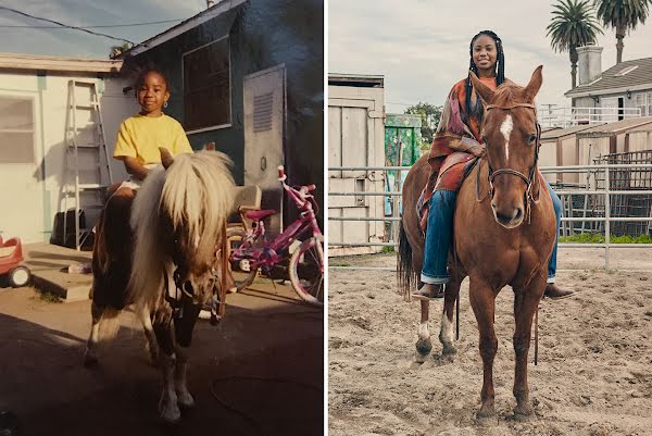 Side by side images of Keiara as a child on her pony Bushwick in her backyard next to  a current photo of her sitting on her horse Penny.