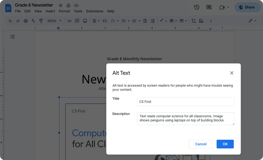 Käyttäjä lisää vaihtoehtoista tekstiä kuvaan Google Docsissa.