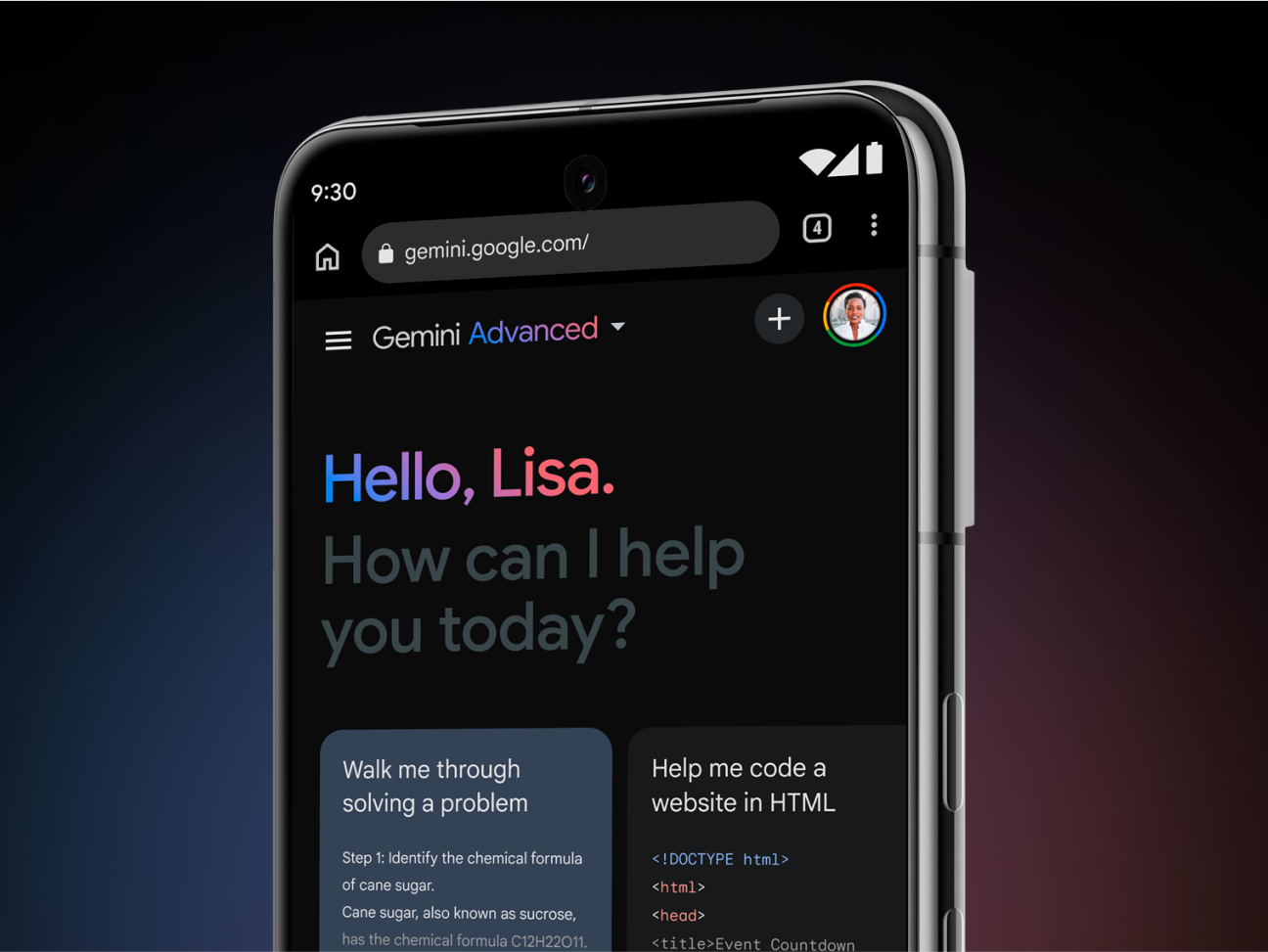 A phone displaying the Gemini Advanced welcome screen reading, "Hello, Lisa. How can I help you today?"