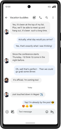 An Android Messenger screen labeled “Vacation buddies.” At the bottom of the screen is the most recent message “Yay! I’m already by the pool” along with the heart-eyes, thumbs up and laughing smiley emoji reactions visible.