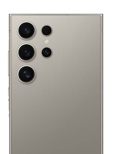 La parte posteriore di Samsung Galaxy S24 Ultra in grigio su uno sfondo grigio chiaro. Le fotocamere sono la funzionalità principale messa in evidenza. Questo smartphone è disponibile per l'ordine.