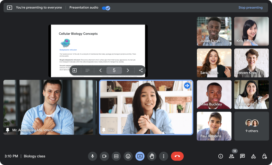 Google Meet 的虛擬會議畫面，簡報內容、講者和手語譯者圖塊同時固定在畫面中央，其他參與者則顯示在右側。