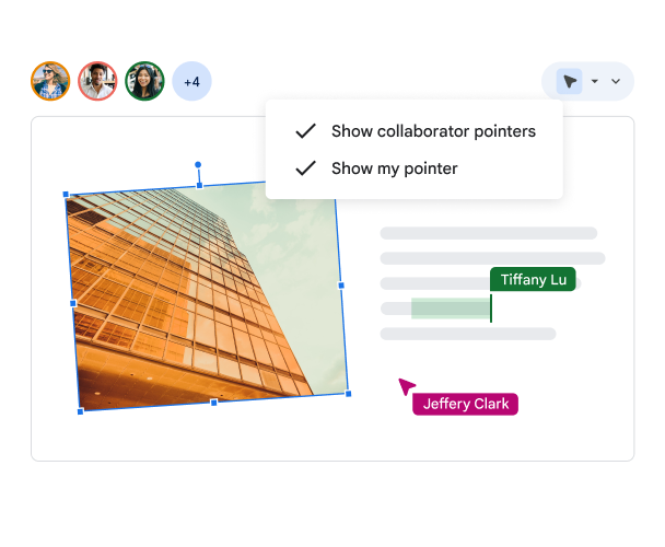Un utente può scegliere di mostrare il proprio puntatore e quelli dei collaboratori su una slide, così tutti possono vedere esattamente chi sta facendo cosa.