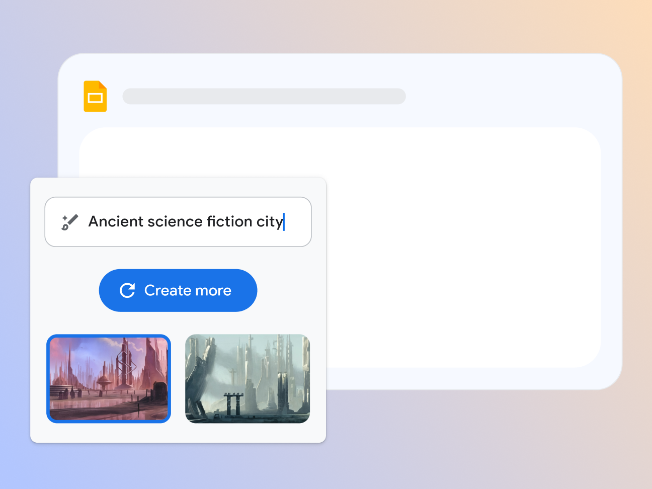 A Gemini prompt window in Slides that reads "Ancient science fiction city" with generated images.
