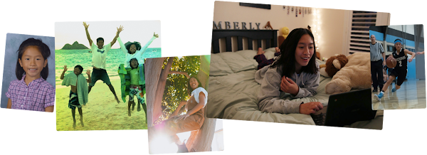 Visual collage featuring Kimberly growing up. From left to right: Kimberly’s school portrait from childhood, Kimberly at the  beach with her family, Kimberly climbing a tree, Kimberly working on a laptop in bed, Kimberly playing basketball.