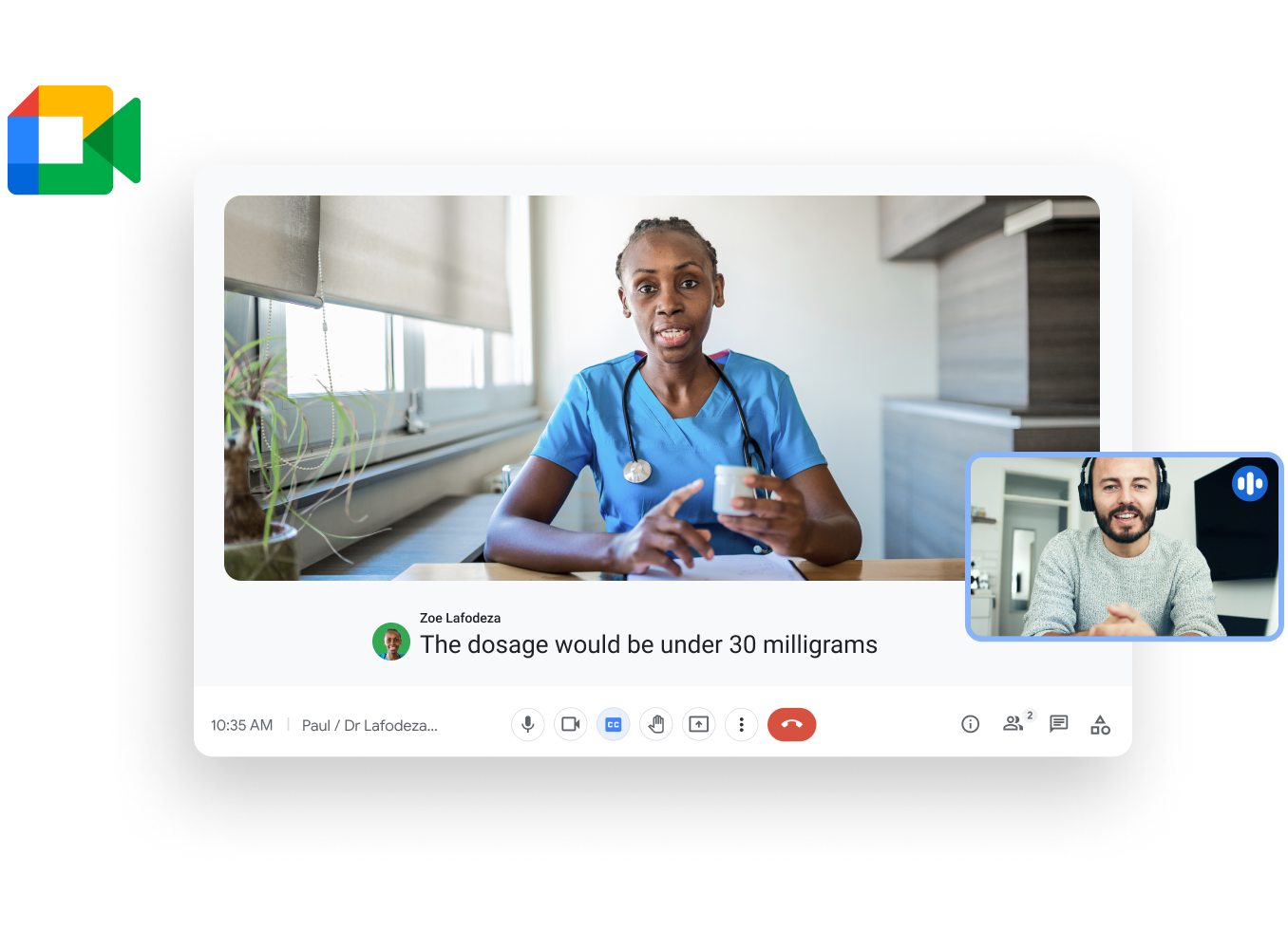 A Workspace-t bemutató grafika – egy orvos videohívásban tájékoztat egy beteget egy eredményről