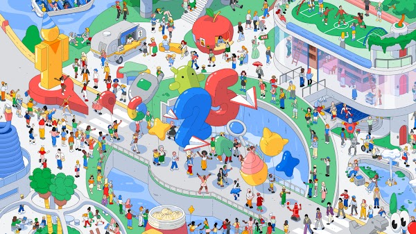 Colourful text reads, 'Most Searched Playground' with drawings of popular trends in culture.