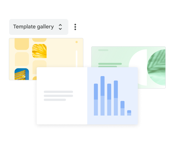 Tre forhåndsdesignede Google Slides-skabeloner at vælge imellem i skabelongalleriet.