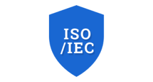Litery ISO i IEC na logo niebieskiej tarczy