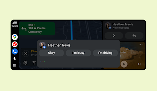 スマート リプライのインターフェースに、メッセージへの返信としてワンタップで選べる「Okay」、「I'm busy」、「I'm driving」の 3 つが候補として表示されている、新しい Android Auto のデザイン。