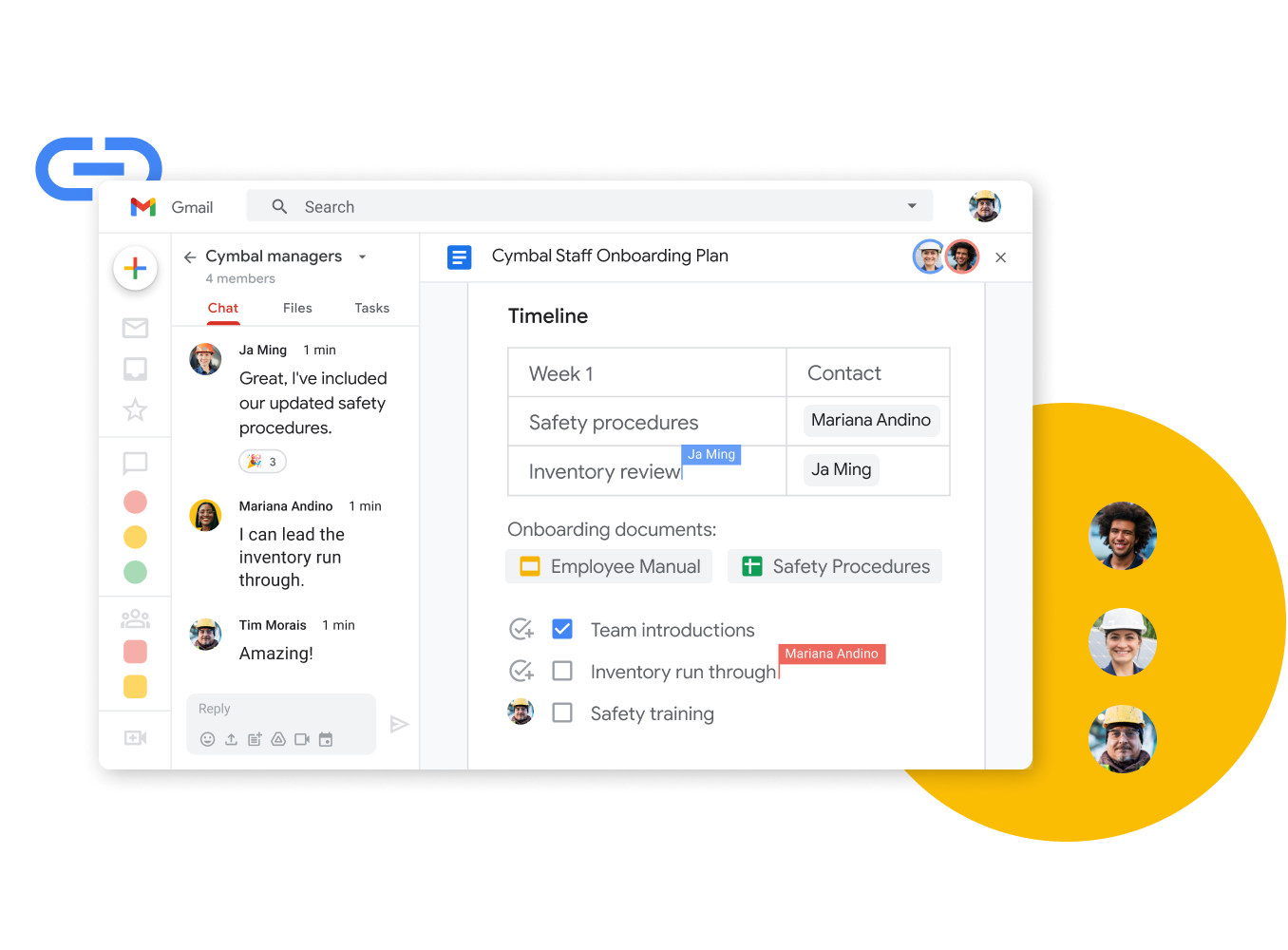 Google Workspace arayüz görseli: ekip üyeleri, canlı sohbet ederken bir dokümanı birlikte düzenliyor