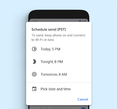 An Android device displaying a pop-up that enables the user to schedule a text.