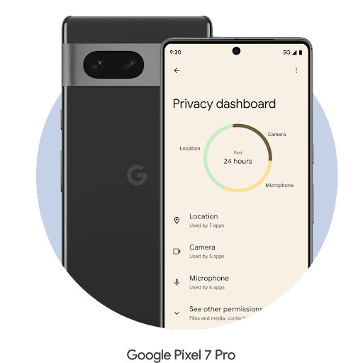 O ecrã de um telemóvel Android apresenta o painel de privacidade do Android. As diferentes apps e a respetiva utilização são apresentadas como partes de um gráfico circular.