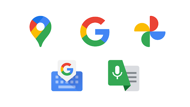Six Google product logos: Maps, Search, Photos, Keyboard, Live Transcribe