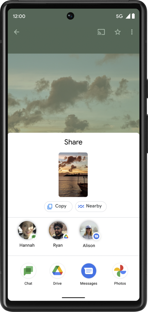 From a photo, share has been activated from the bottom of the screen. A thumbnail version of the photo is visible along with Copy and Nearby along with profiles for Hannah, Ryan and Alison. At the bottom are icons for Chat, Drive, Messages and Photos.