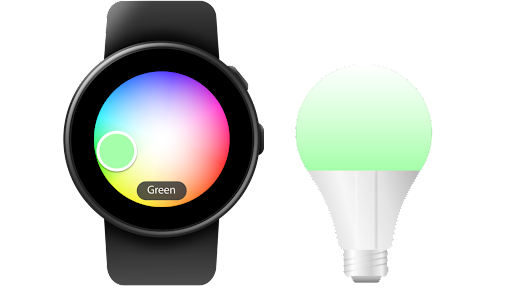 Android स्मार्टवॉच पर दिख रहा है कि Google Home का इस्तेमाल करके, एक ही समय पर कई लाइटों के रंगों में बदलाव किया जा रहा है.