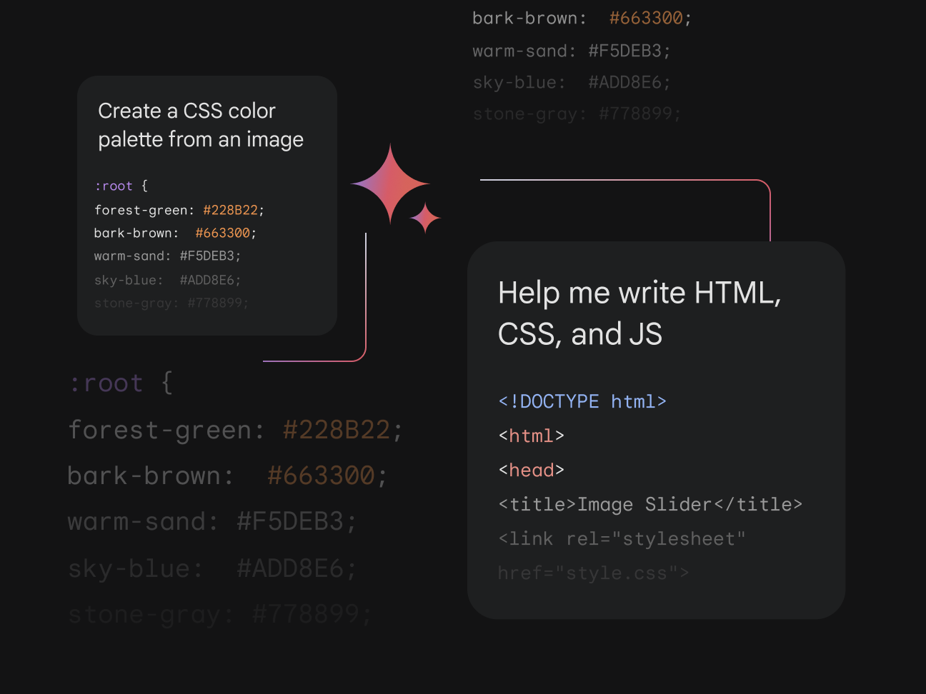 Collage of code with prompt text that reads "help me write HTML, CSS, and JS".