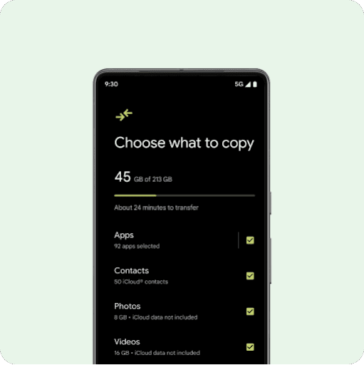 Pantalla de un teléfono Android nuevo con el mensaje "Selecciona tus datos" y una lista de contactos, fotos, vídeos, eventos del calendario, mensajes, chats de WhatsApp y música.