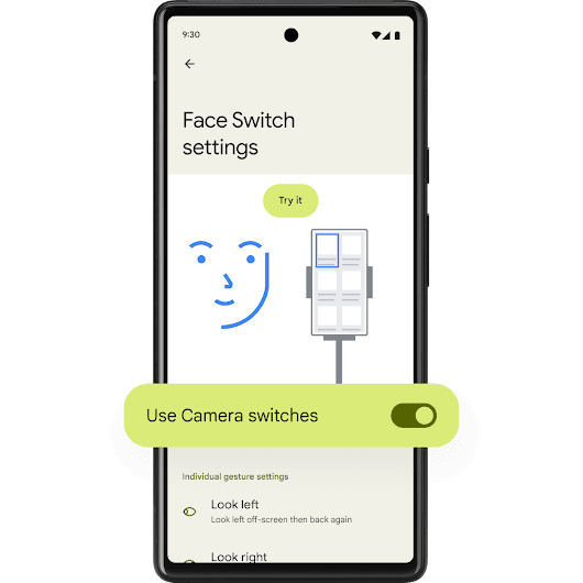Smartphone Android com o texto "Configurações do Face Switch" na parte de cima da tela. Um ícone de rosto é mostrado ao lado de um retângulo para representar o Android dividido em seis quadrados menores. Um banner verde em destaque mostra a opção "Usar interruptores da câmera" e uma chave de ativação/desativação.