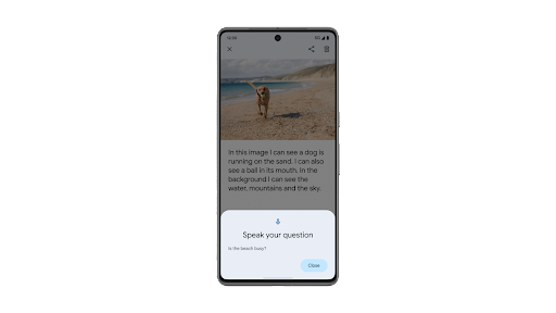 Menggunakan Tanya Jawab Gambar di Lookout pada ponsel Android untuk mendengarkan deskripsi gambar yang dibuat AI dan mengajukan pertanyaan lanjutan.