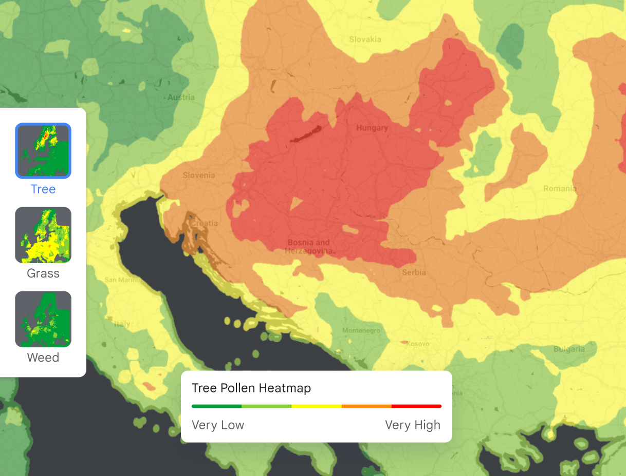 Carte de densité montrant les niveaux de pollen en Europe
